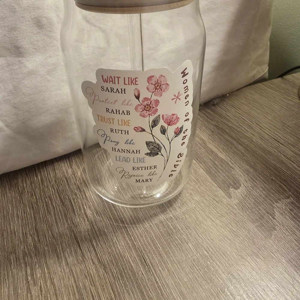 Floral 'Women of the Bible' Glass Tumbler with Straw - Pink Accents - Picture 9 of 10